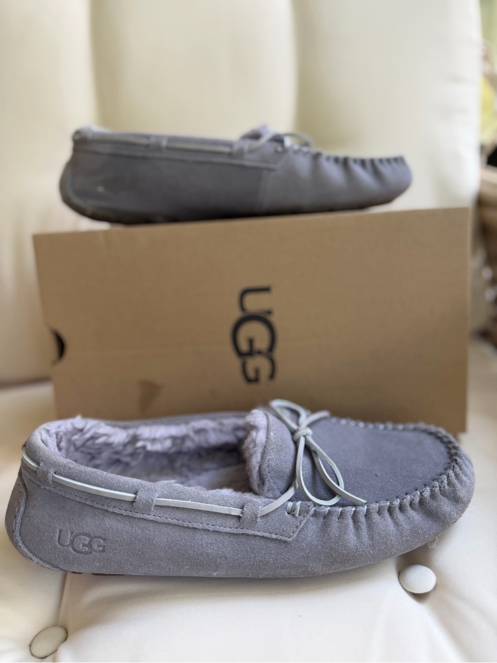 UGG Light Gray Suede Shearling Moccasin Slippers